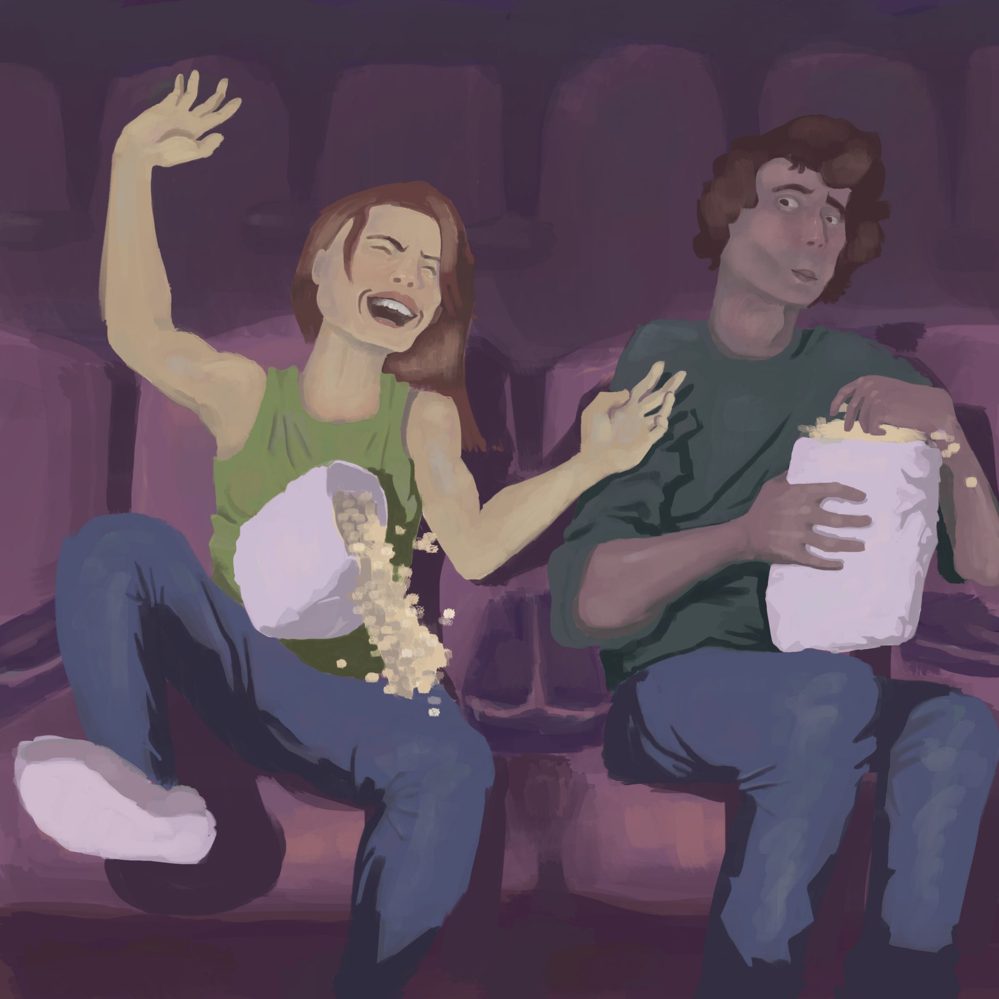 Graphic of two people in a theater; one of them is laughing hysterically, while the other looks at them in disbelief.