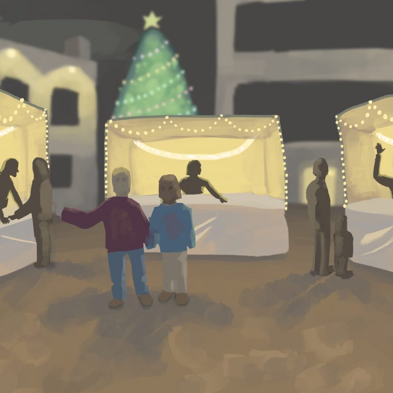 Illustration of people near market stalls