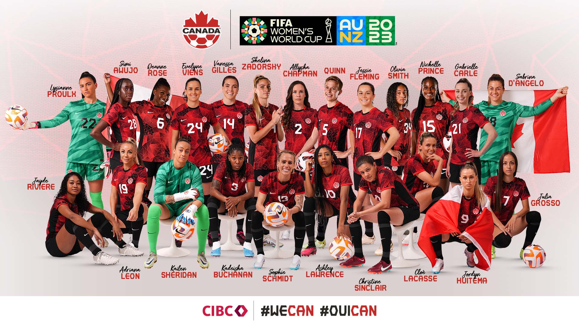 Canadas National Women's Soccer Team advertising promo. Picture of the team lined up in red uniforms.