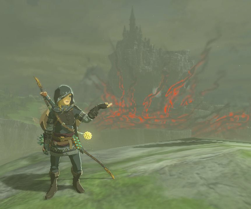 Cartoon photo of a man wearing green. Castle in the background on fire.